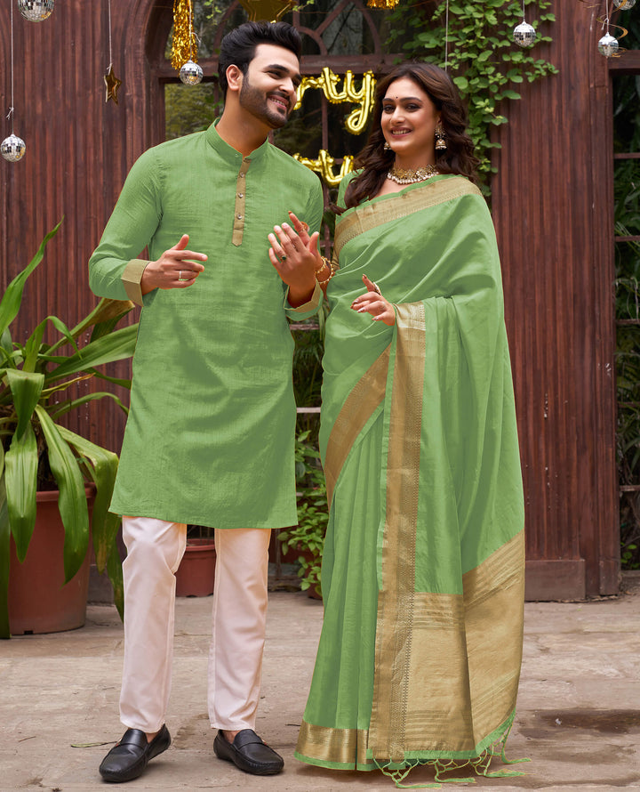 Cutie Mehndi Green Couple Matching Dress Orgenza silk Saree & Kurta