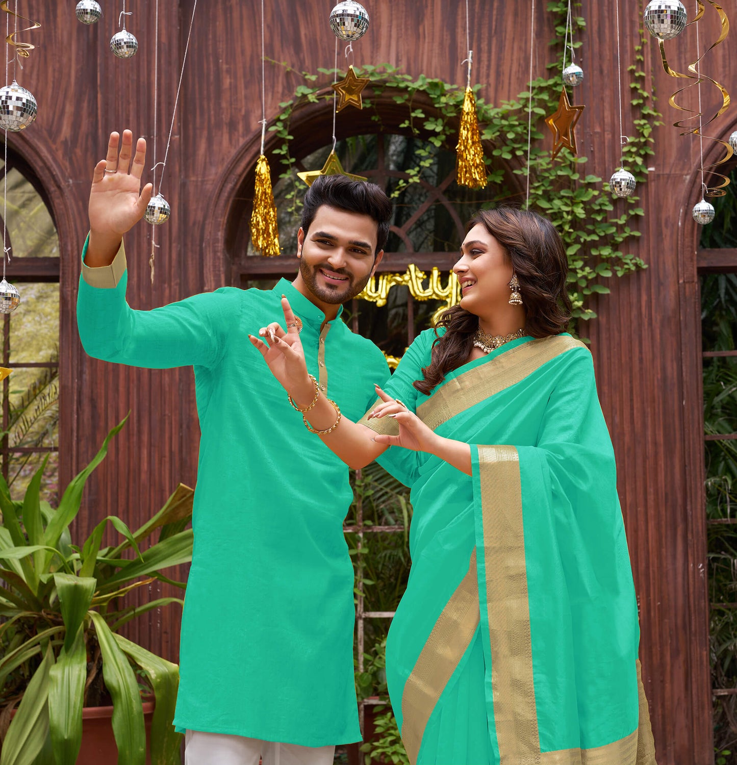 Cutie Teal Couple Matching Dress Orgenza silk Saree & Kurta