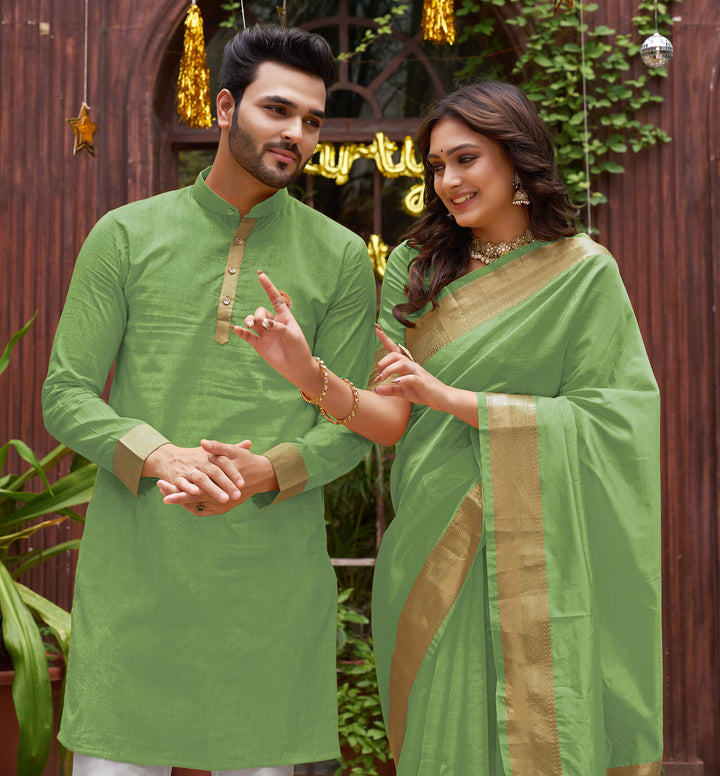 Cutie Mehndi Green Couple Matching Dress Orgenza silk Saree & Kurta