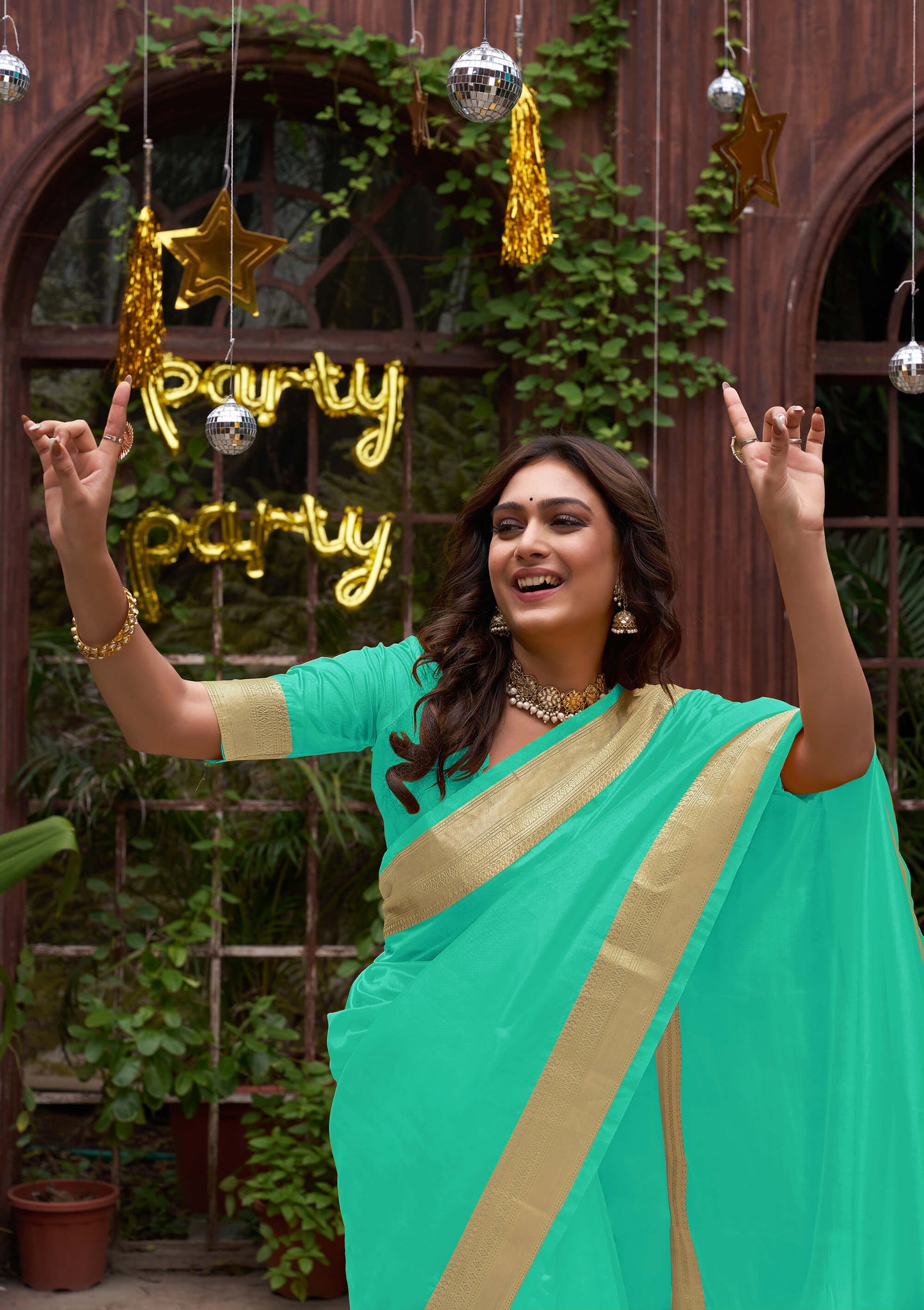 Cutie Teal Couple Matching Dress Orgenza silk Saree & Kurta