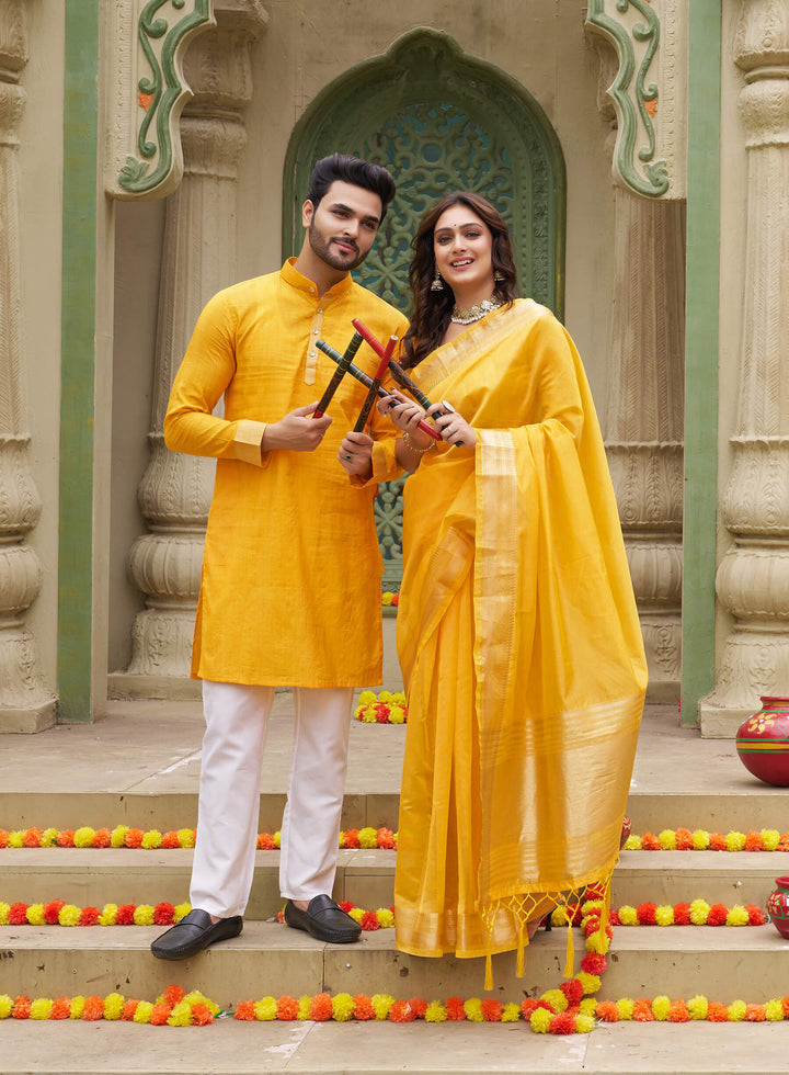 Cutie Haldi Yellow Couple Matching Dress Orgenza silk Saree & Kurta