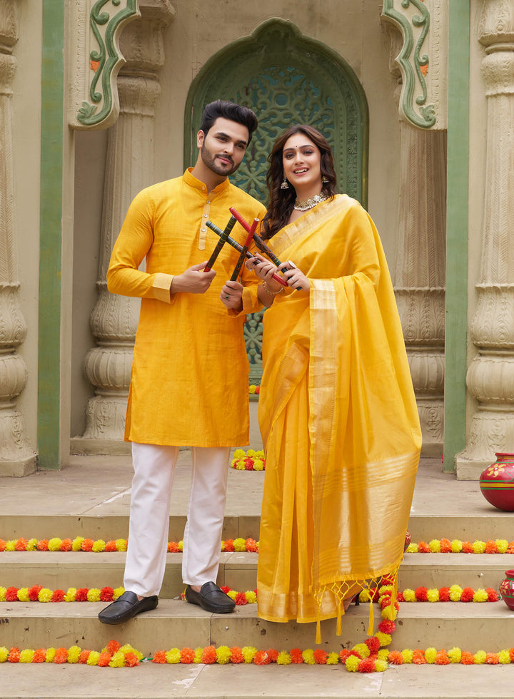 Cutie Couple Matching Dress Orgenza silk Saree & Kurta