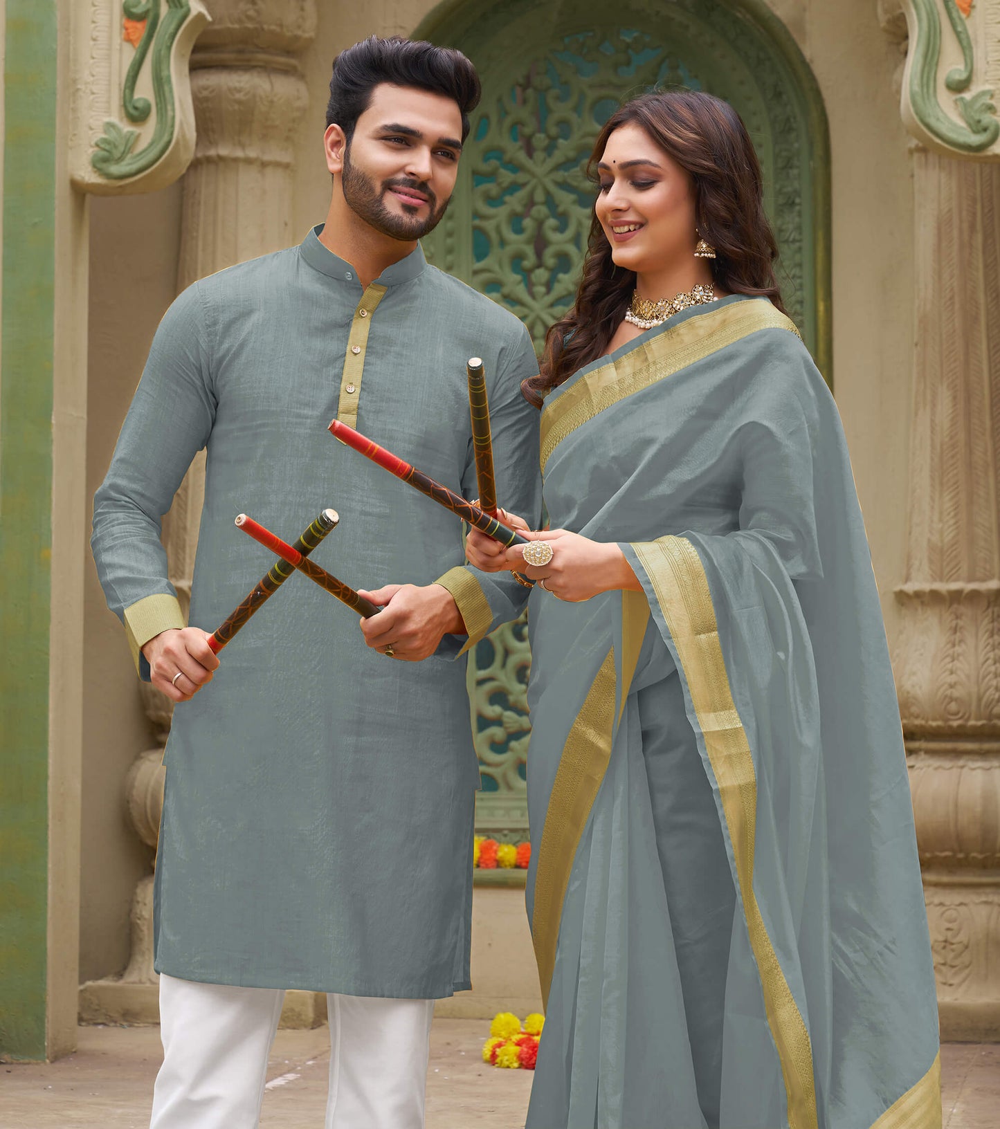 Cutie Grey Couple Matching Dress Orgenza silk Saree & Kurta