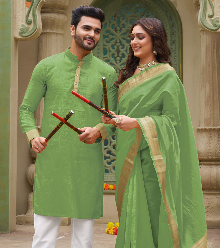 Cutie Mehndi Green Couple Matching Dress Orgenza silk Saree & Kurta