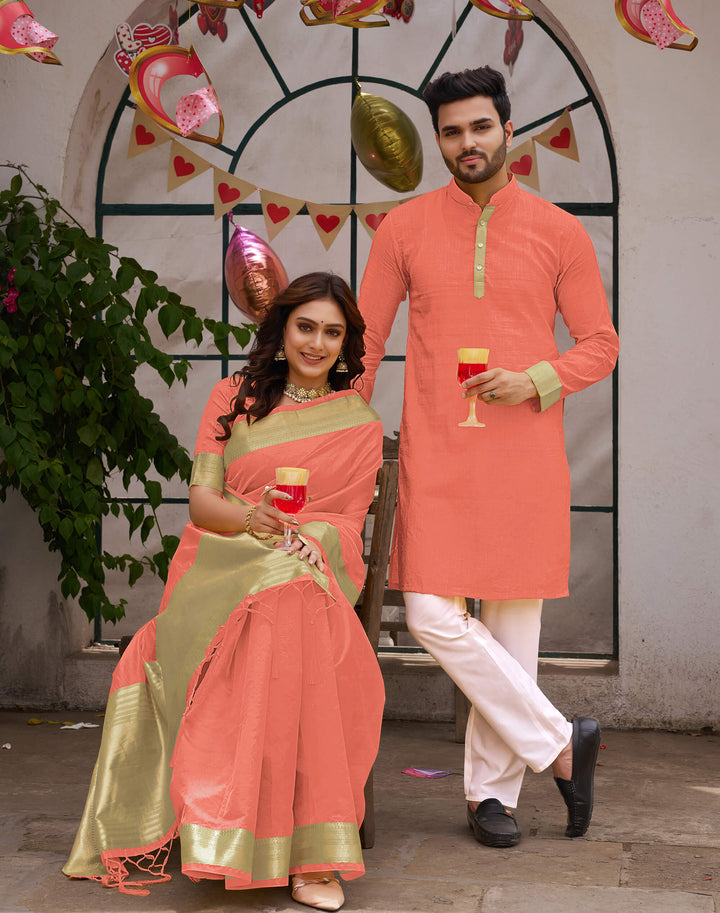 Cutie Peach Couple Matching Dress Orgenza silk Saree & Kurta
