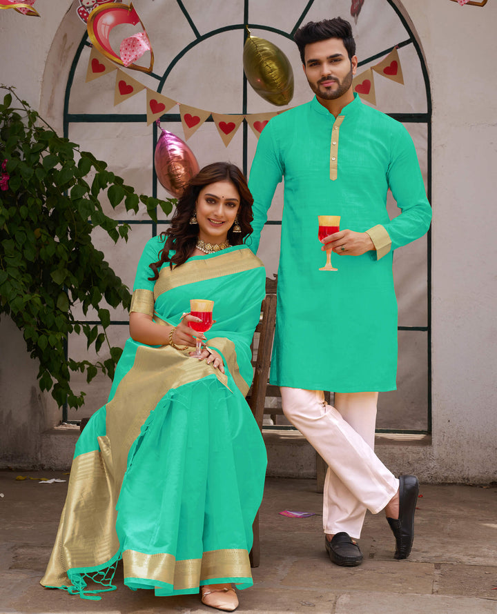 Cutie Teal Couple Matching Dress Orgenza silk Saree & Kurta