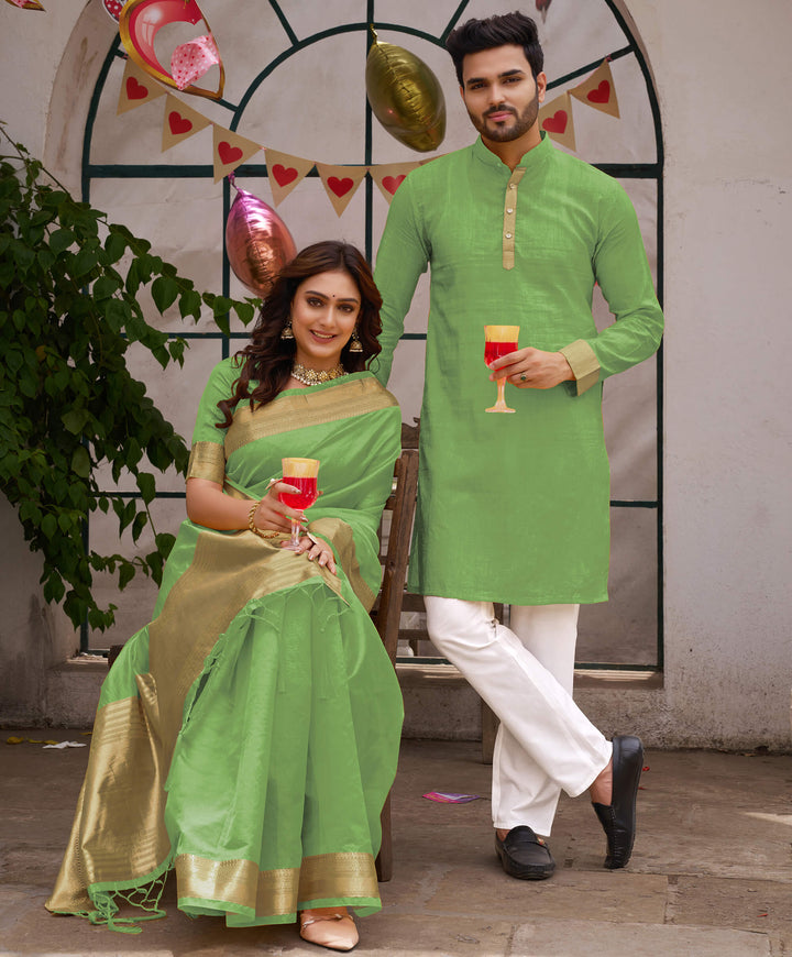 Cutie Mehndi Green Couple Matching Dress Orgenza silk Saree & Kurta