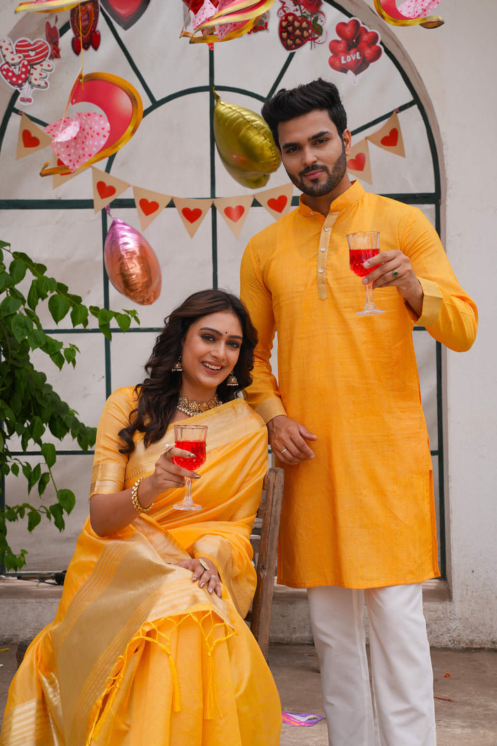 Cutie Couple Matching Dress Orgenza silk Saree & Kurta
