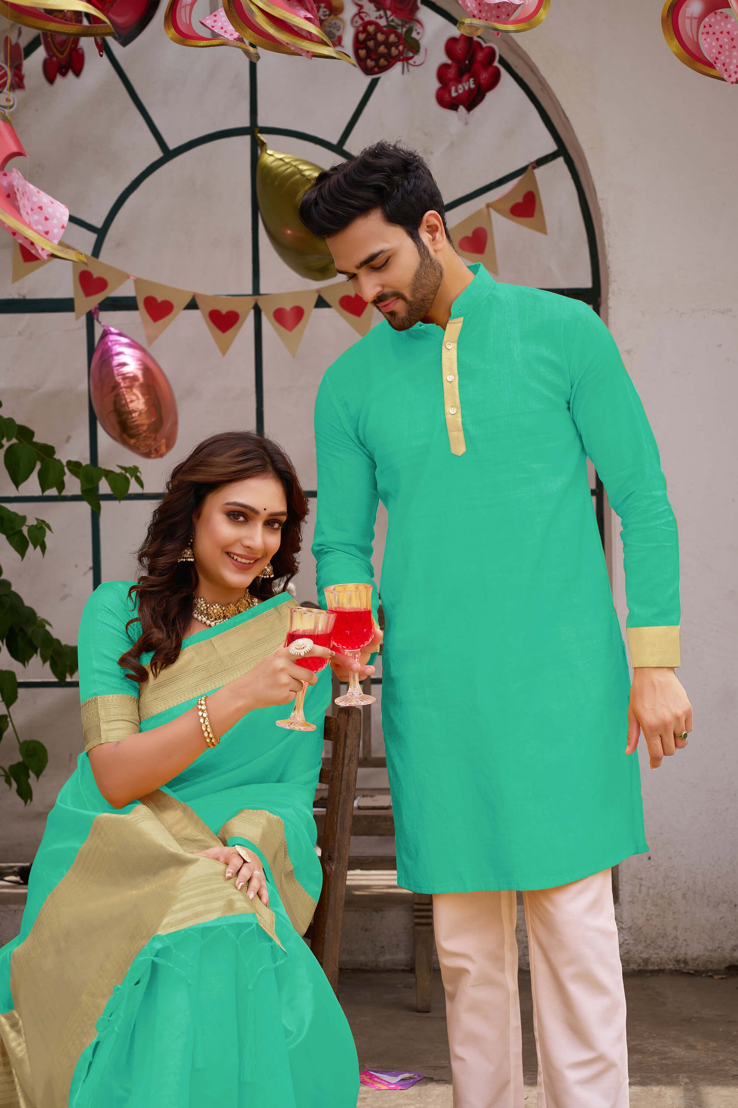 Cutie Teal Couple Matching Dress Orgenza silk Saree & Kurta