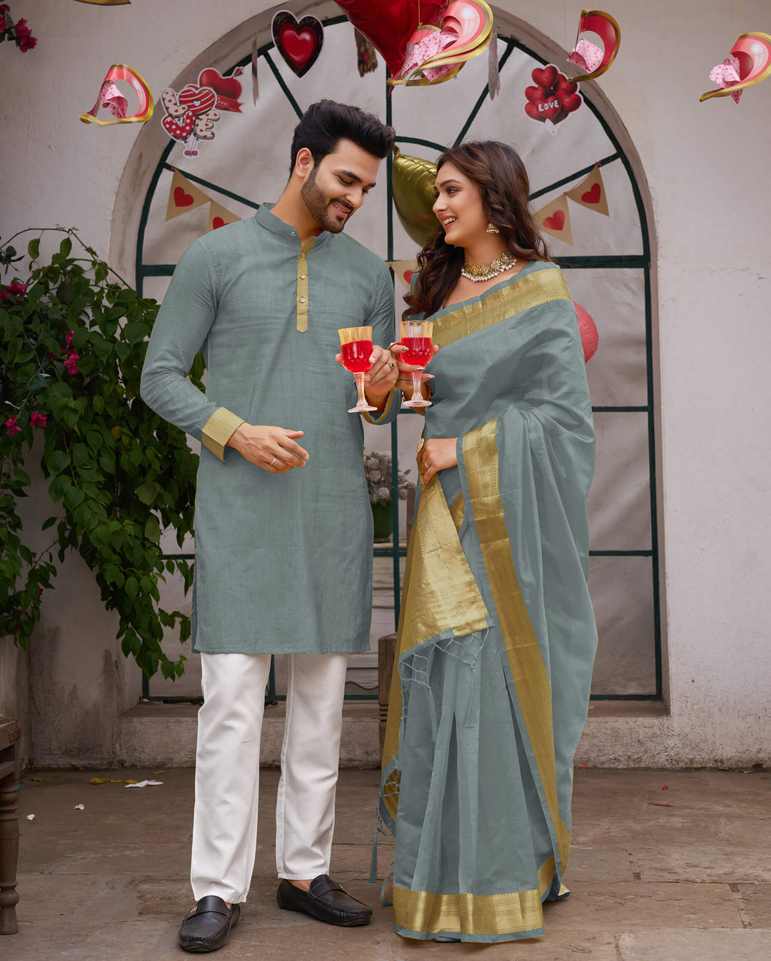 Cutie Grey Couple Matching Dress Orgenza silk Saree & Kurta
