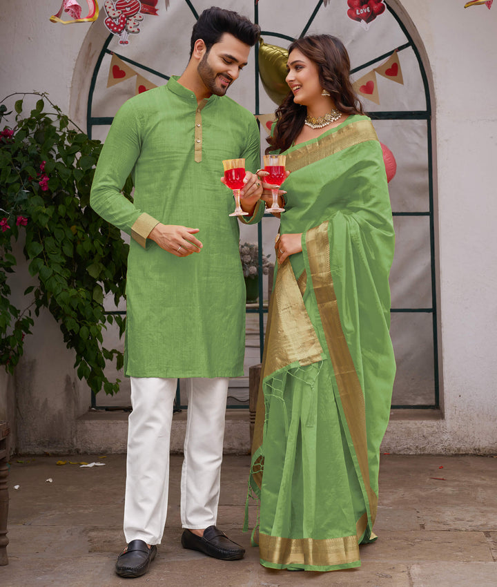 Cutie Mehndi Green Couple Matching Dress Orgenza silk Saree & Kurta