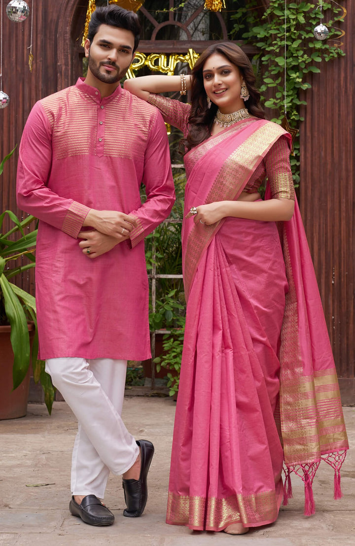 Aasam Silk Couple Dress Pink Saree & Kurta