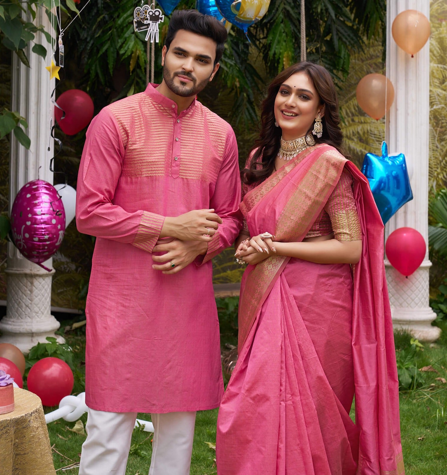 Aasam Silk Couple Dress Pink Saree & Kurta