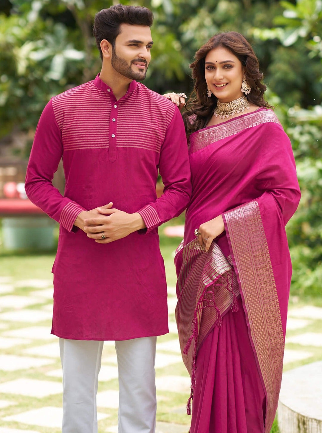 Rose Rani Couple set Matching Dress Silk Saree and Kurta
