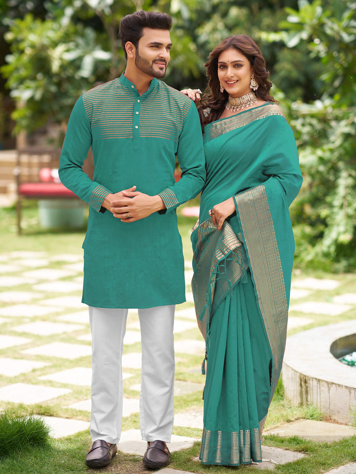 Rose Teal Couple set Matching Dress Silk Saree and Kurta