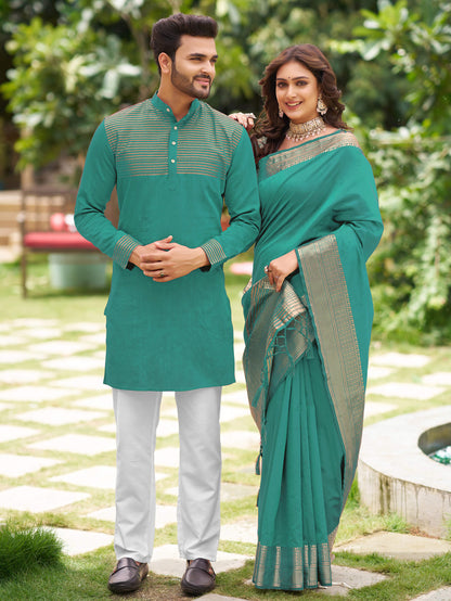 Rose Rama Couple set Matching Dress Silk Saree and Kurta