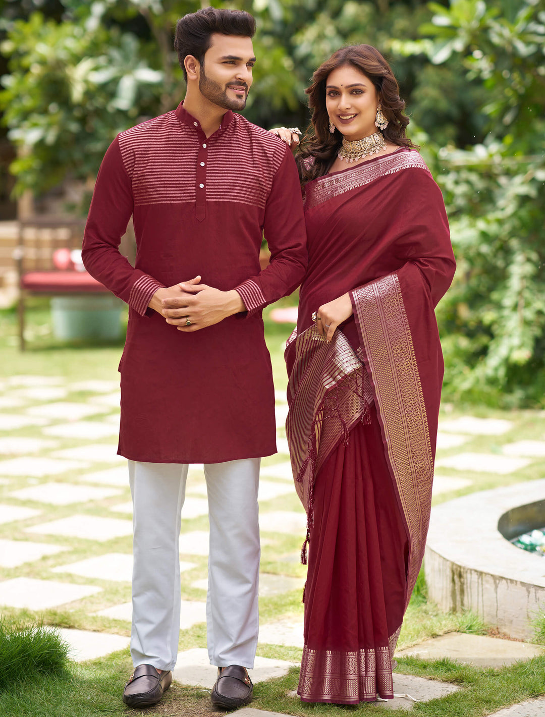 Rose Maroon Couple set Matching Dress Silk Saree and Kurta