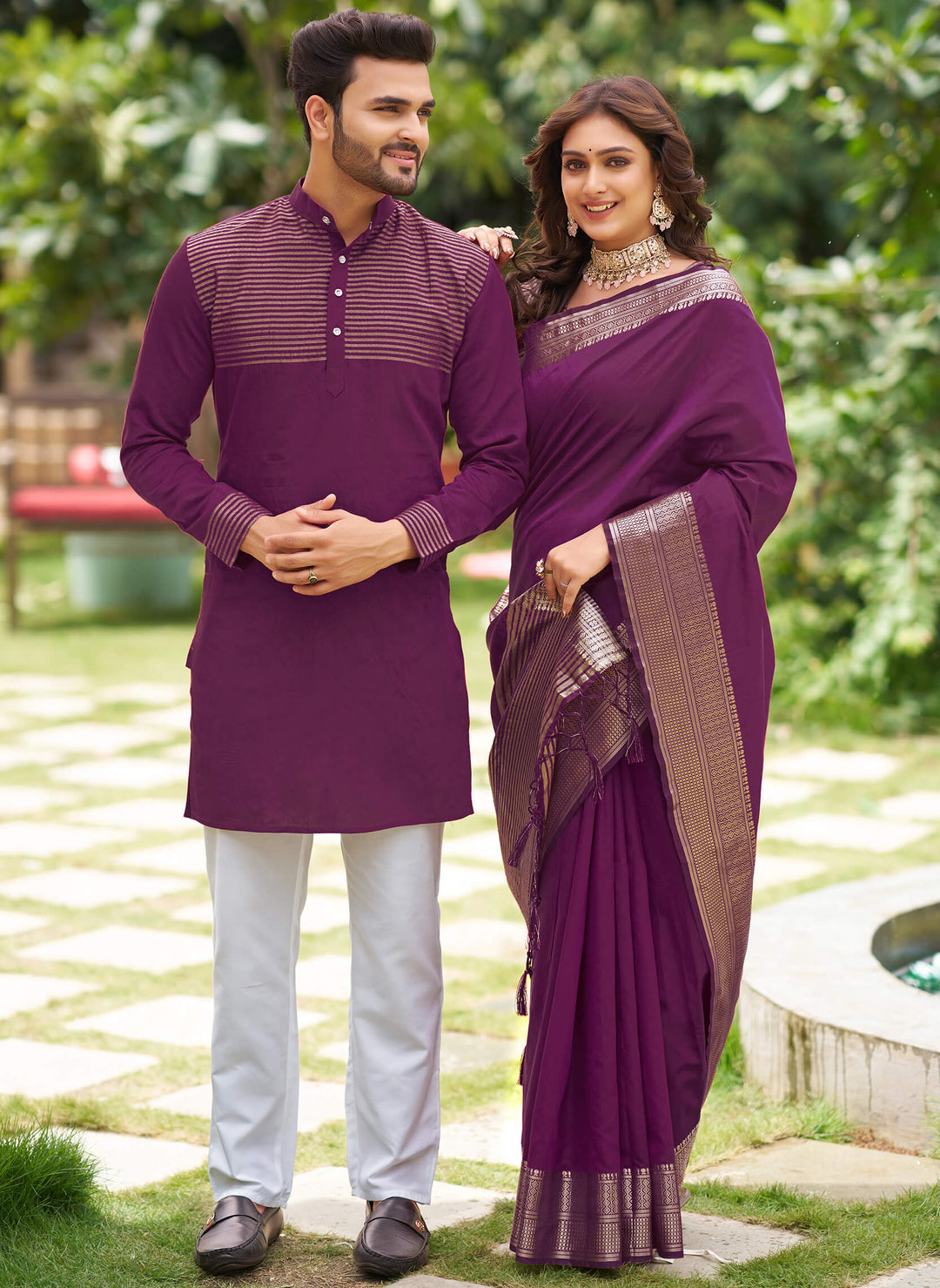 Rose Wine Couple set Matching Dress Silk Saree and Kurta