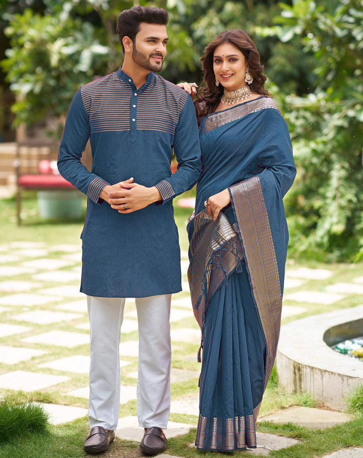 Rose AF Blue Couple set Matching Dress Silk Saree and Kurta