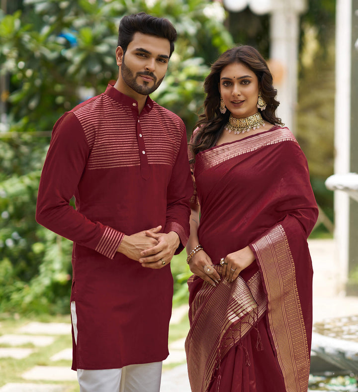 Rose Maroon Couple set Matching Dress Silk Saree and Kurta