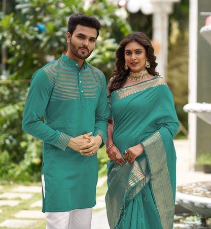 Rose Rama Couple set Matching Dress Silk Saree and Kurta