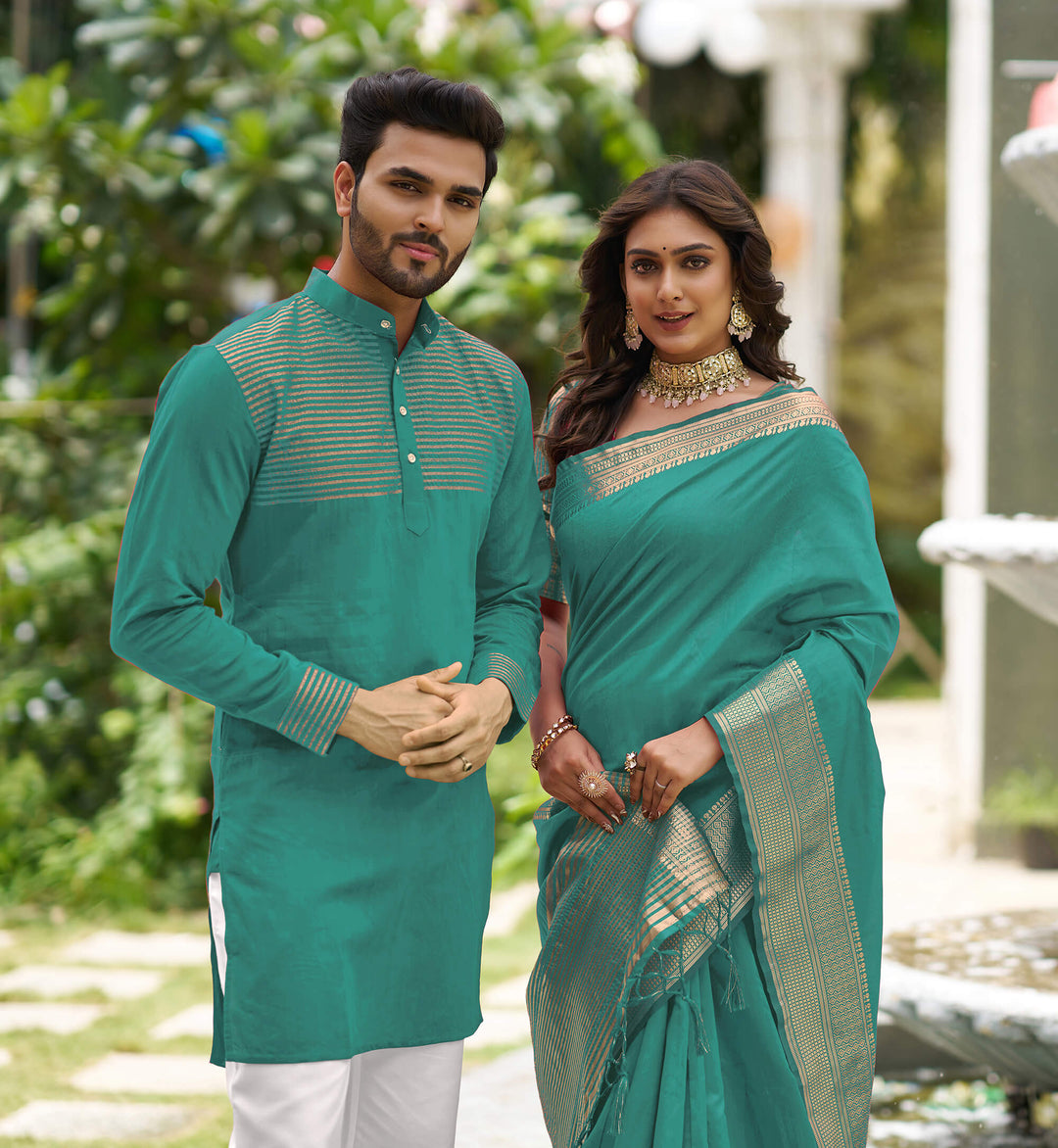 Rose Teal Couple set Matching Dress Silk Saree and Kurta