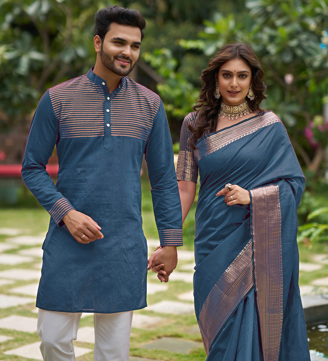 Rose AF Blue Couple set Matching Dress Silk Saree and Kurta
