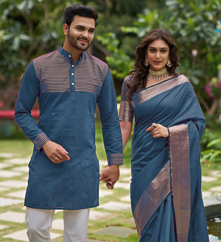 Rose AF Blue Couple set Matching Dress Silk Saree and Kurta
