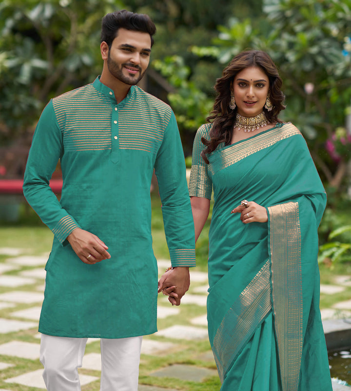 Rose Teal Couple set Matching Dress Silk Saree and Kurta