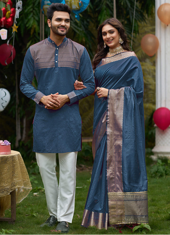 Rose AF Blue Couple set Matching Dress Silk Saree and Kurta