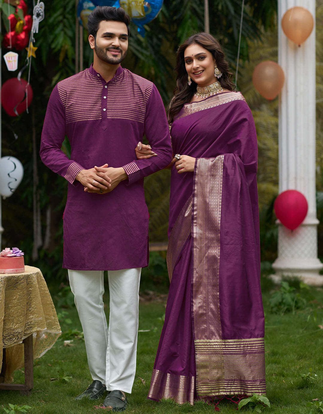 Rose Wine Couple set Matching Dress Silk Saree and Kurta