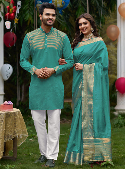 Rose Rama Couple set Matching Dress Silk Saree and Kurta