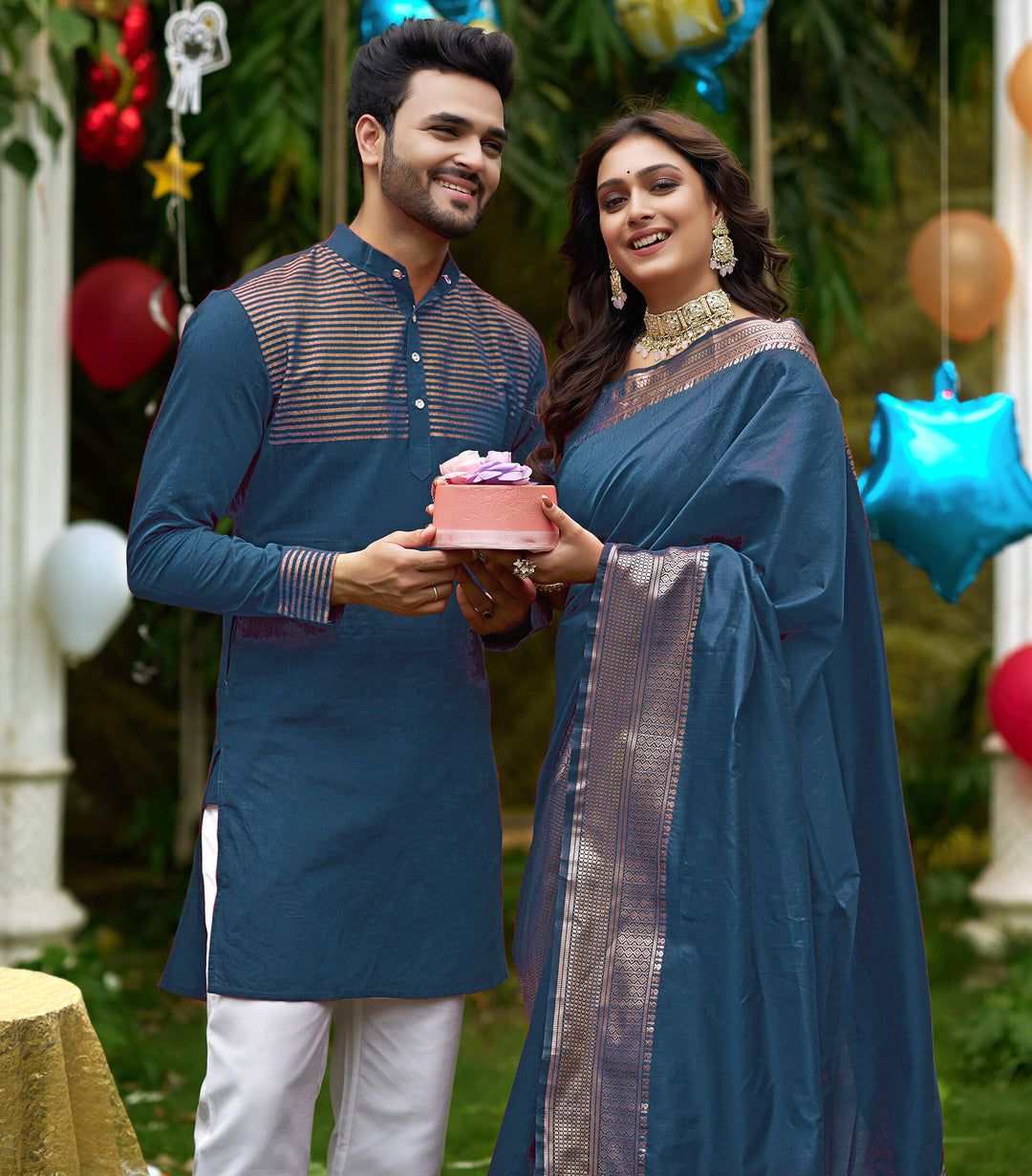 Rose AF Blue Couple set Matching Dress Silk Saree and Kurta