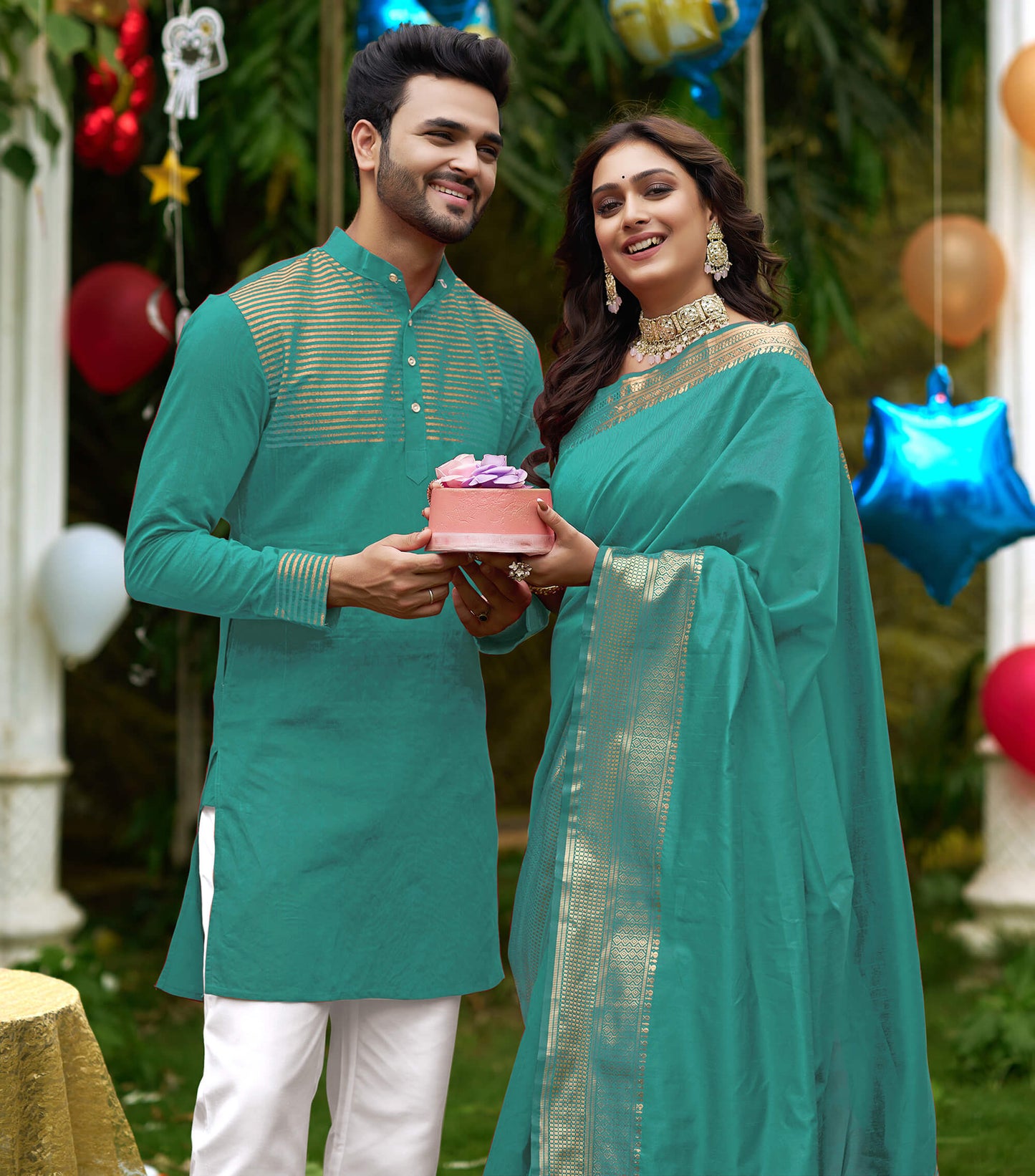 Rose Rama Couple set Matching Dress Silk Saree and Kurta