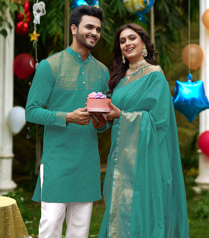 Rose Rama Couple set Matching Dress Silk Saree and Kurta