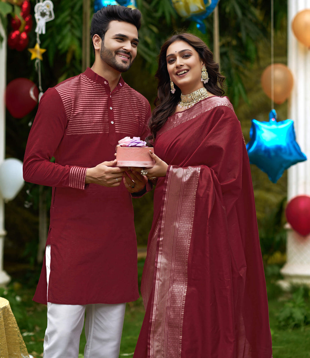 Rose Maroon Couple set Matching Dress Silk Saree and Kurta