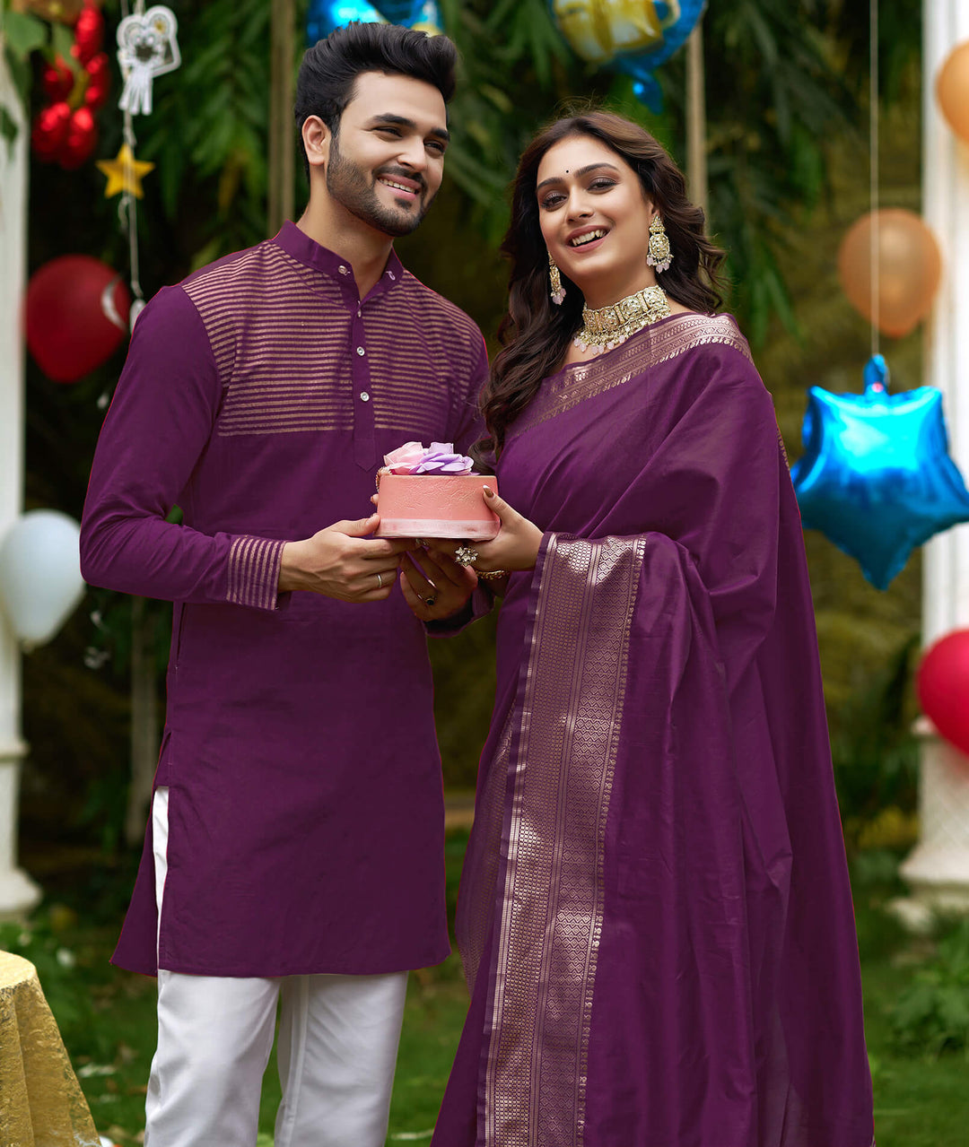 Rose Wine Couple set Matching Dress Silk Saree and Kurta