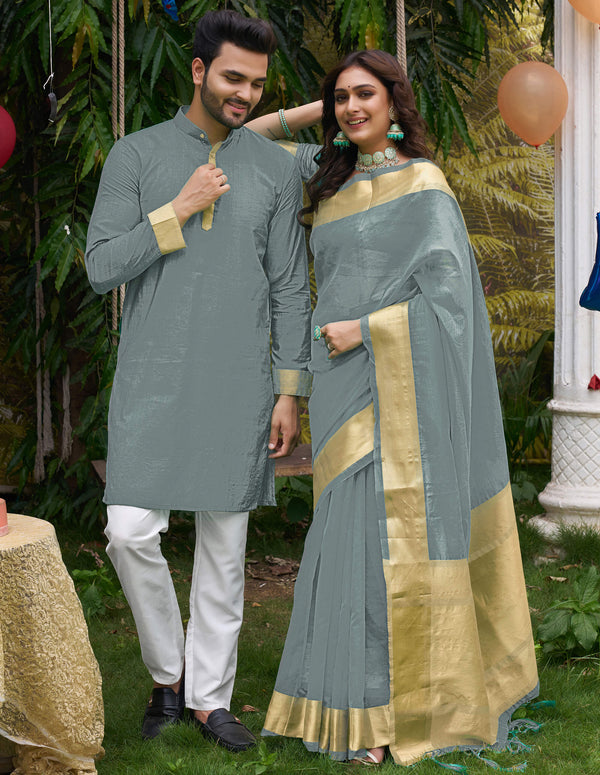 HunnyBunny Grey Couple Dress Orgenza silk Saree & Kurta