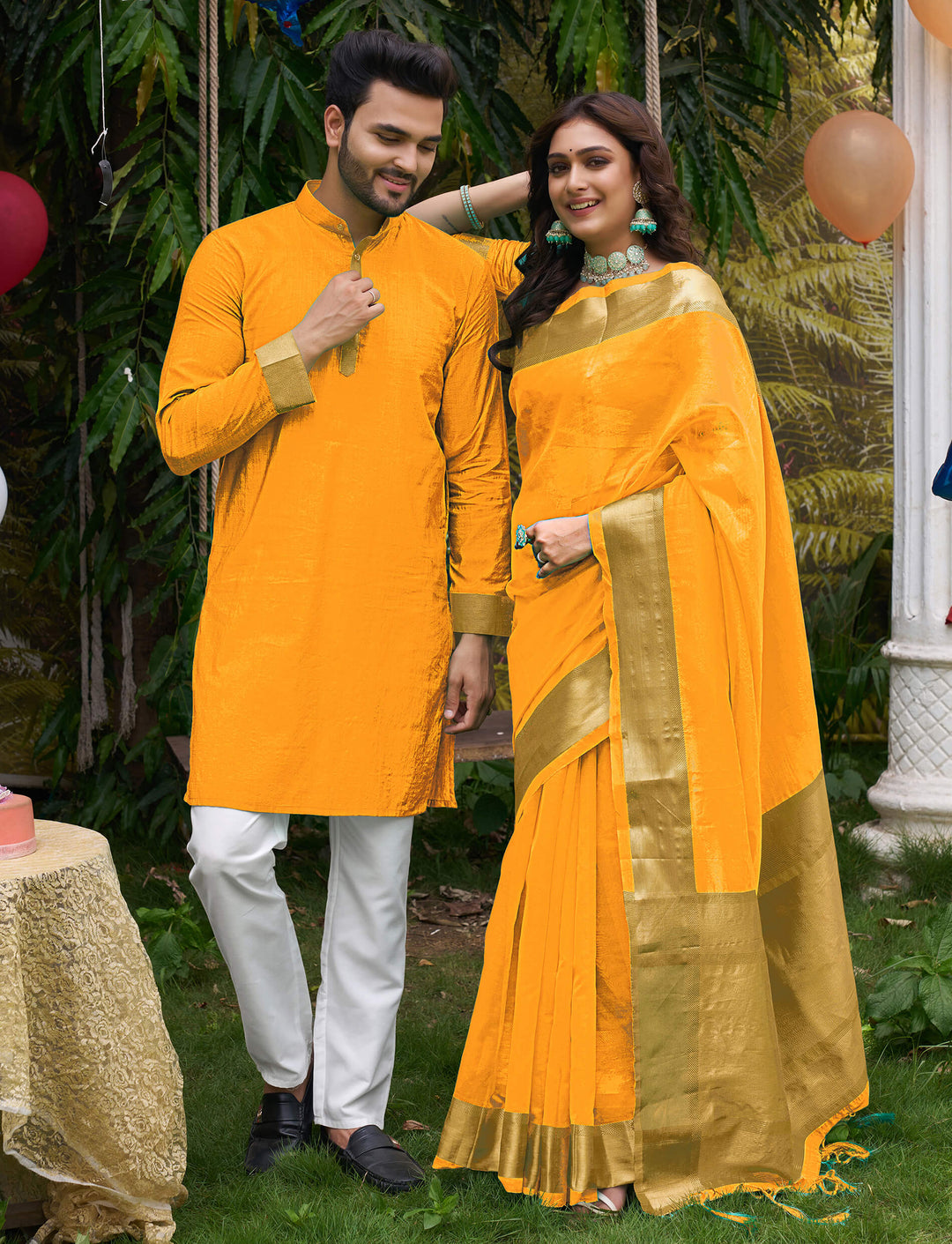HunnyBunny Haldi Yellow Couple Dress Orgenza silk Saree & Kurta