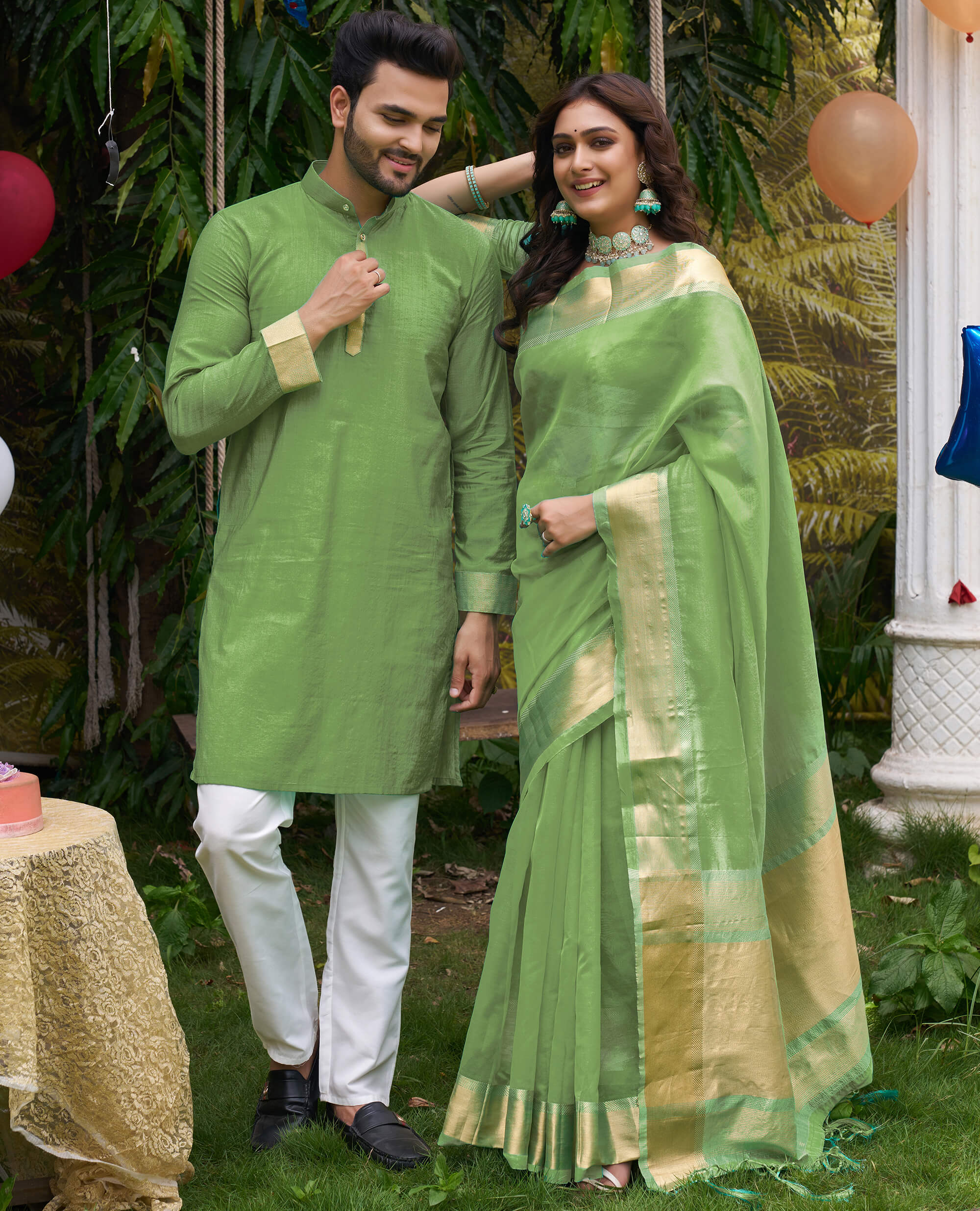 HunnyBunny Mehndi Green Couple Dress Orgenza silk Saree & Kurta