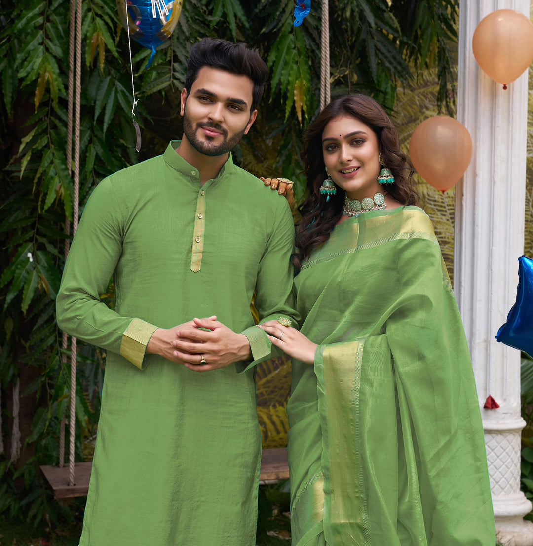 HunnyBunny Mehndi Green Couple Dress Orgenza silk Saree & Kurta