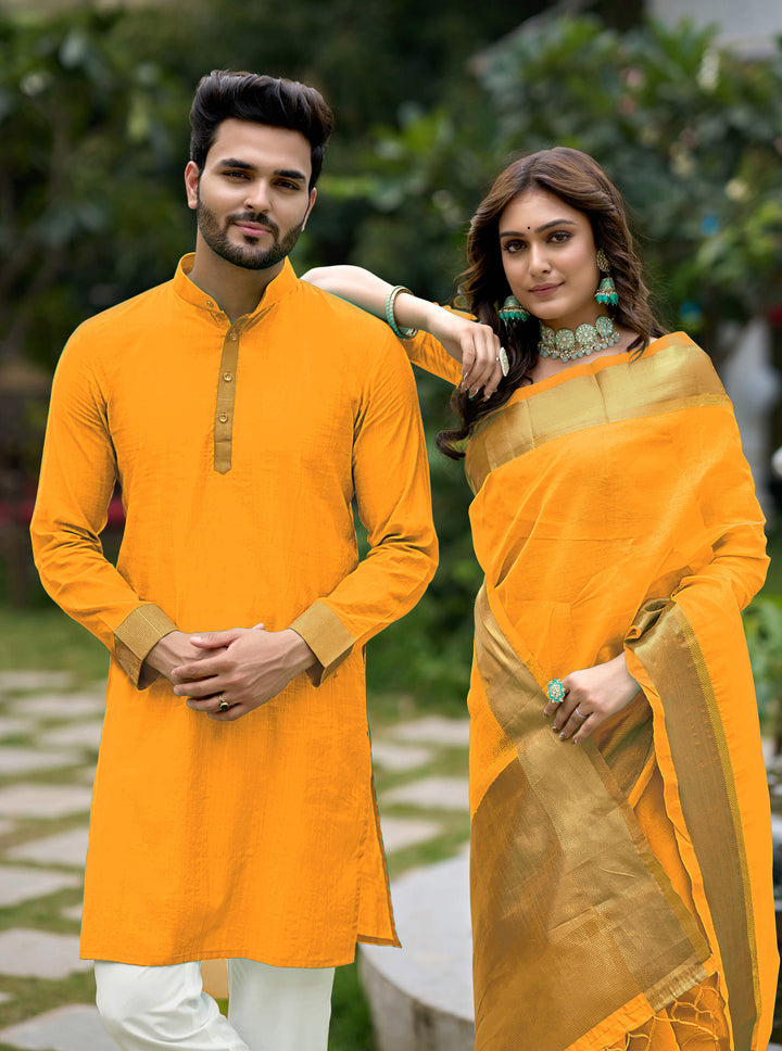 HunnyBunny Haldi Yellow Couple Dress Orgenza silk Saree & Kurta