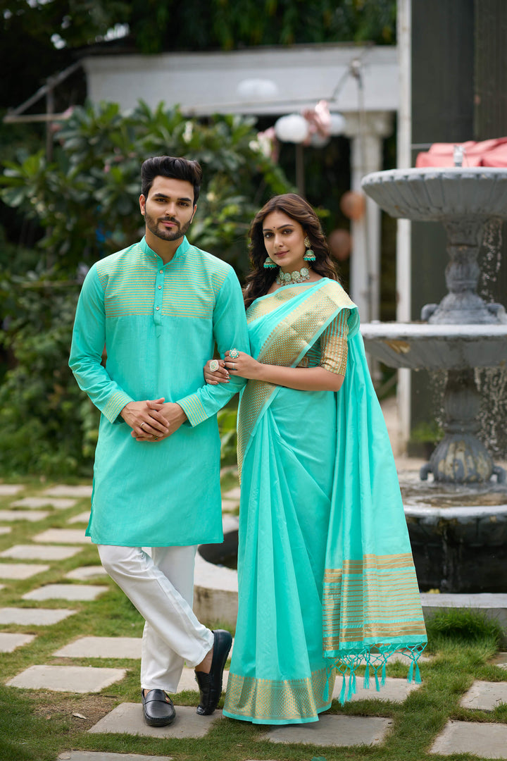 Aishwaria Teal Couple Dress Silk Saree & Kurta