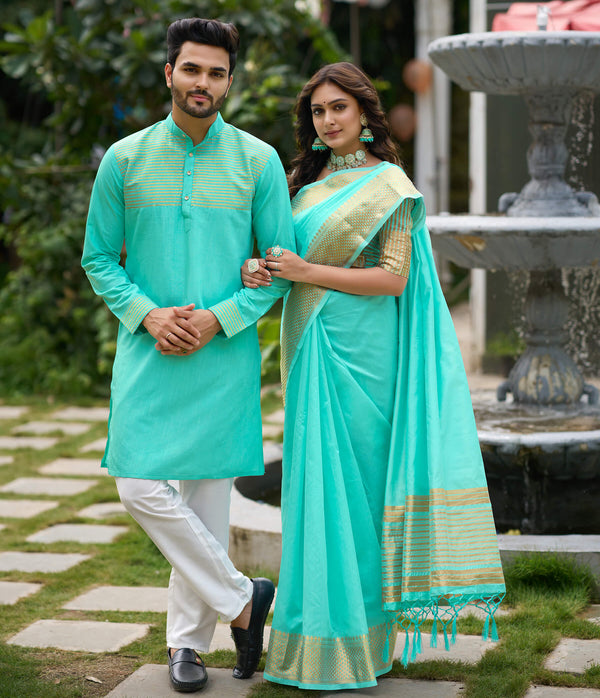 Aishwaria Teal Couple Dress Silk Saree & Kurta