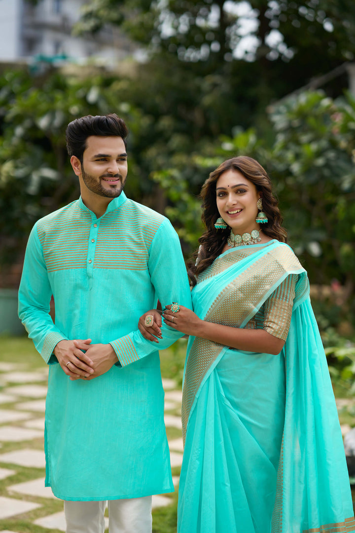 Aishwaria Teal Couple Dress Silk Saree & Kurta