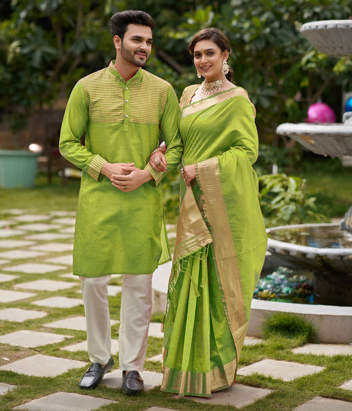 Princy Mehndi Green Couple Dress Silk Saree & Kurta