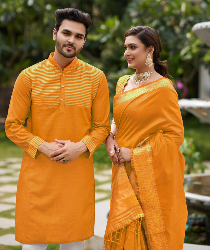 Princy Haldi Yellow Couple Dress Silk Saree & Kurta