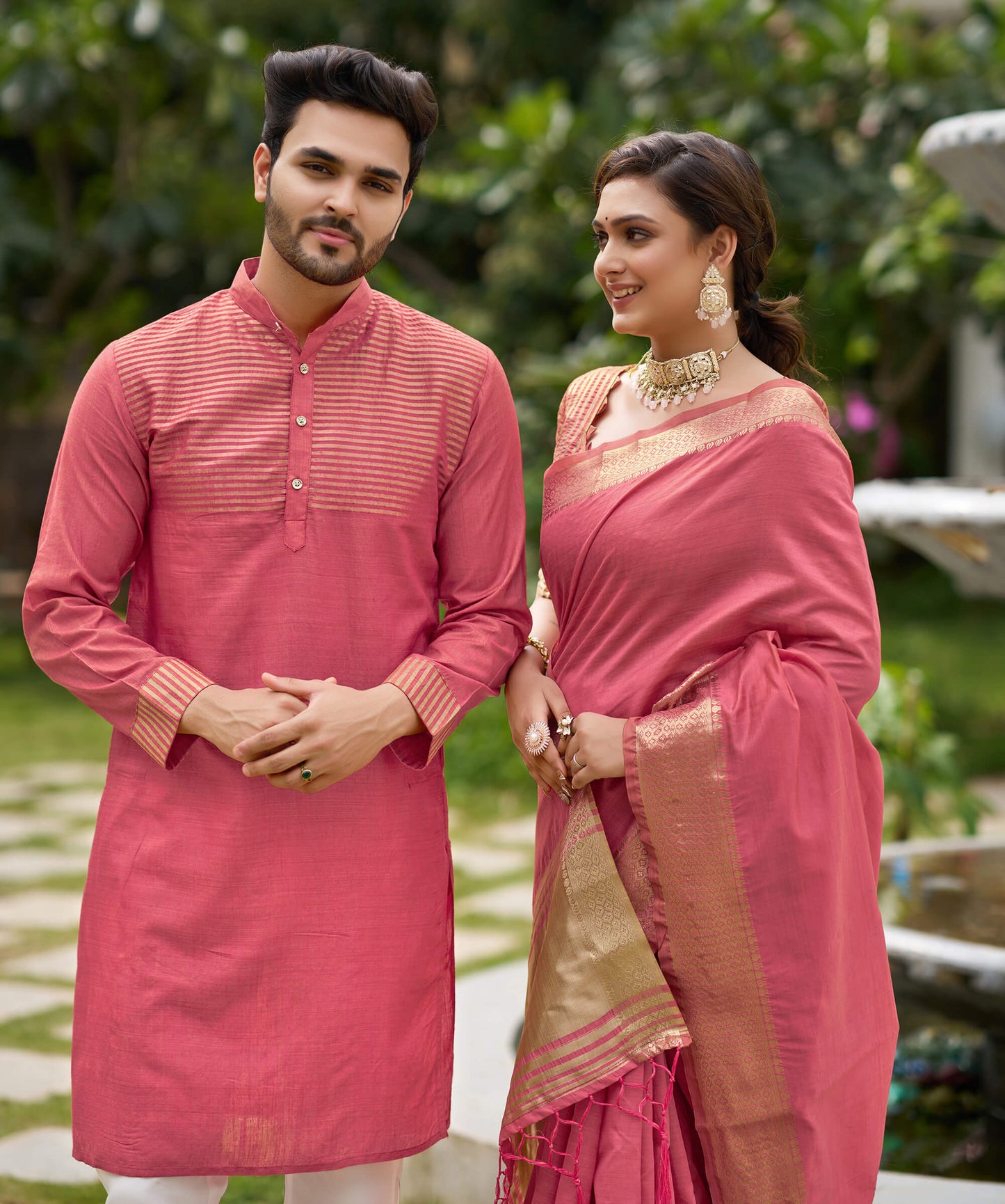 Princy Pink Couple Dress Silk Saree & Kurta