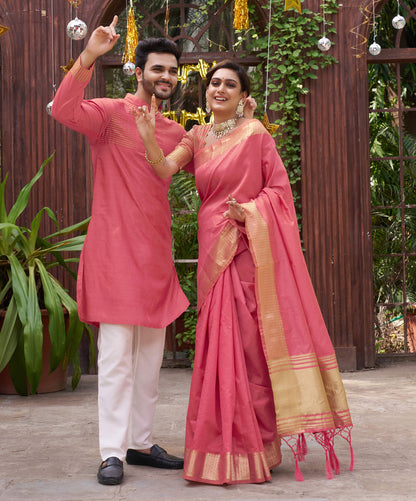 Princy Pink Couple Dress Silk Saree & Kurta