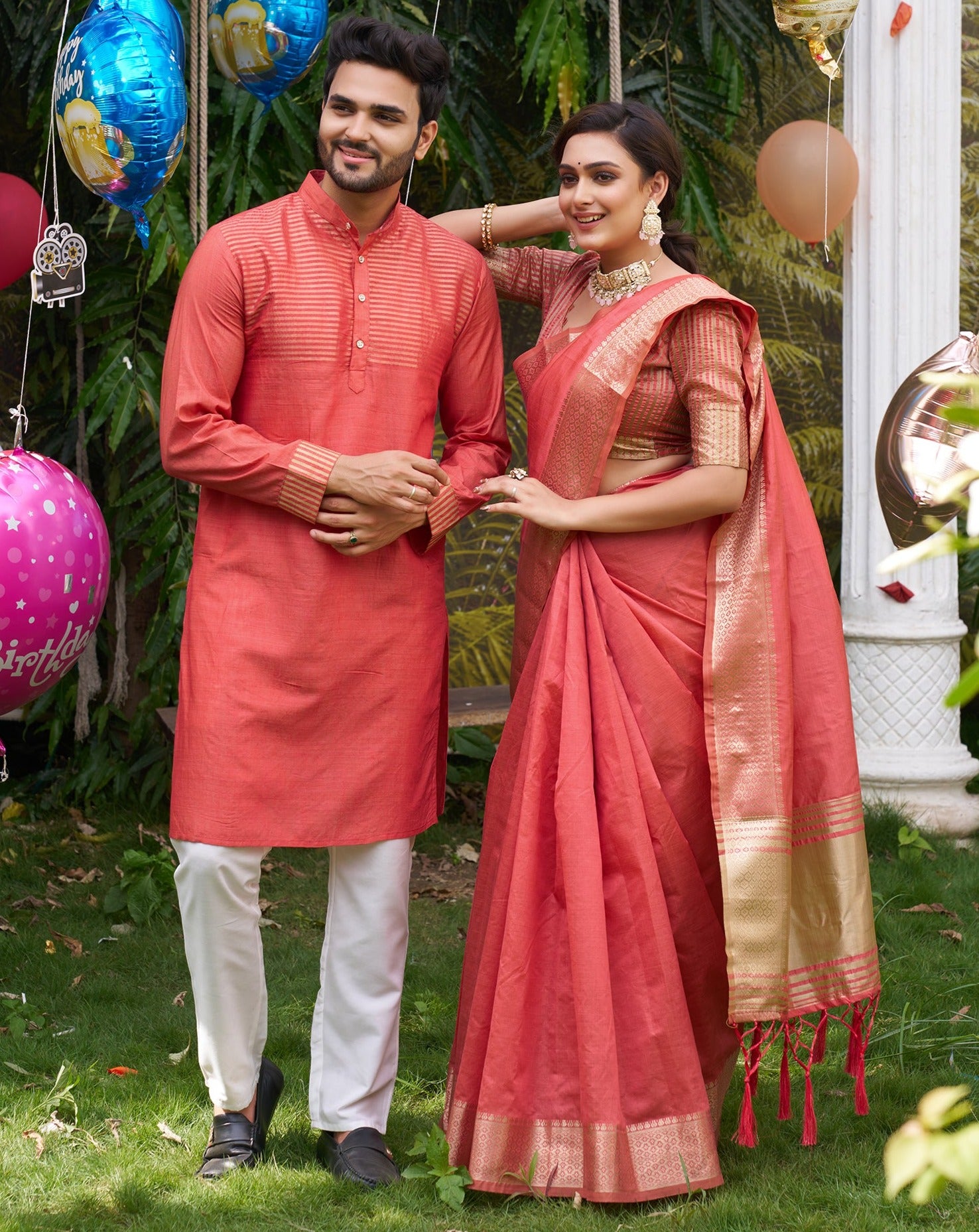 Princy Peach Couple Dress Silk Saree & Kurta